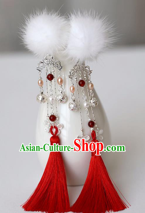 Chinese Ancient Hanfu White Venonat Pearls Hair Claws Hairpin Women Hair Accessories Red Tassel Hair Stick Headwear