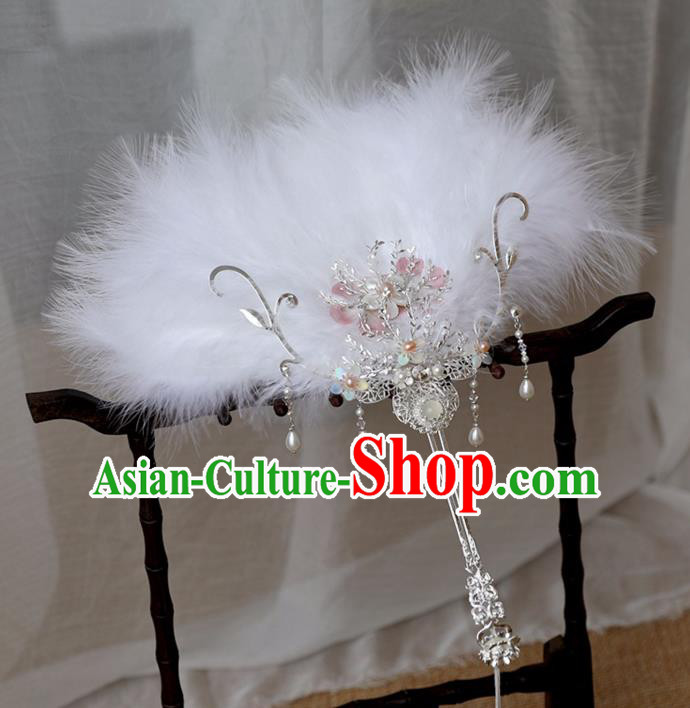 Chinese Ancient Feather Fan Women Accessories Pearls Tassel Fan