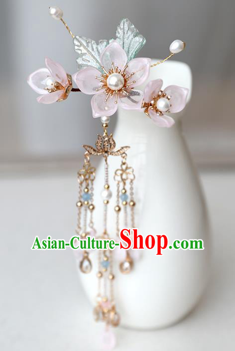 Chinese Ancient Hanfu Pink Peach Flowers Hair Clip Women Headwear Tassel Hairpin Hair Accessories