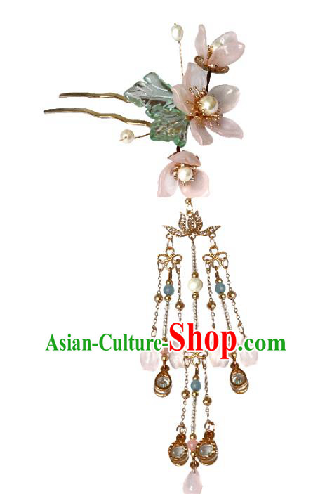 Chinese Ancient Hanfu Pink Peach Flowers Hair Clip Women Headwear Tassel Hairpin Hair Accessories