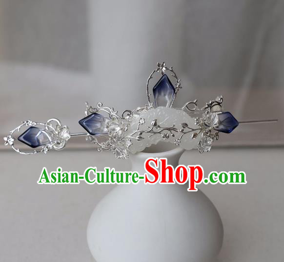 Chinese Ancient Hanfu Blue Crystal Hair Crown Women Headwear Hairpin Jade Hair Accessories