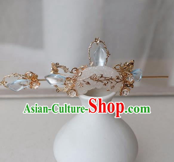Chinese Ancient Hanfu Blue Crystal Golden Hair Crown Women Headwear Hairpin Jade Hair Accessories