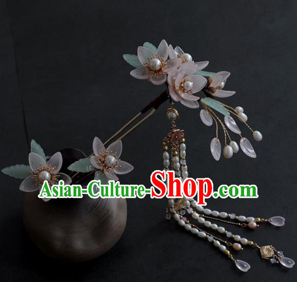 Chinese Ancient Women Pink Flowers Hair Clip Headwear Pearls Tassel Hairpin Hanfu Hair Accessories