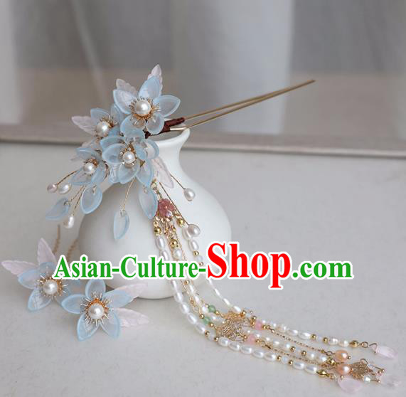 Chinese Ancient Women Blue Flowers Hair Clip Headwear Pearls Tassel Hairpin Hanfu Hair Accessories