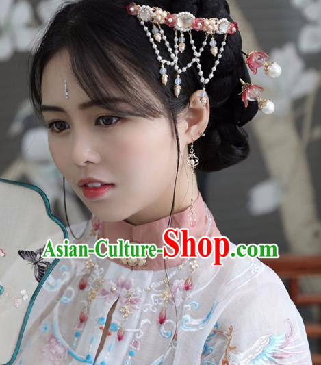 Chinese Ancient Women Red Flower Hair Clip Headwear Hanfu Hair Accessories Hairpin