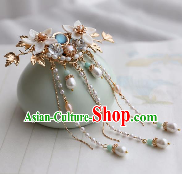 Chinese Ancient Women Shell Flowers Hair Claws Headwear Hanfu Hair Accessories Pearls Tassel Hair Stick