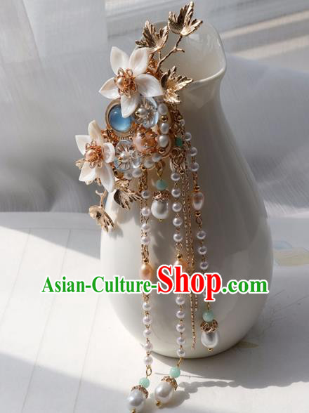 Chinese Ancient Women Shell Flowers Hair Claws Headwear Hanfu Hair Accessories Pearls Tassel Hair Stick