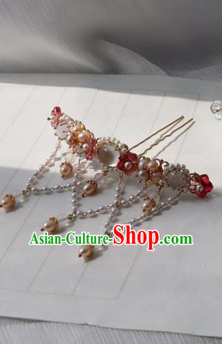 Chinese Ancient Women Red Plum Hairpin Hair Clip Headwear Hair Accessories Pearls Tassel Hanfu Hair Crown