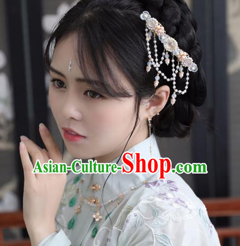 Chinese Ancient Women Blue Plum Hairpin Hair Clip Headwear Hair Accessories Pearls Tassel Hanfu Hair Crown