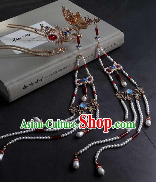Chinese Ancient Hanfu Agate Beads Tassel Hair Clip Women Headwear Phoenix Hairpin Hair Accessories
