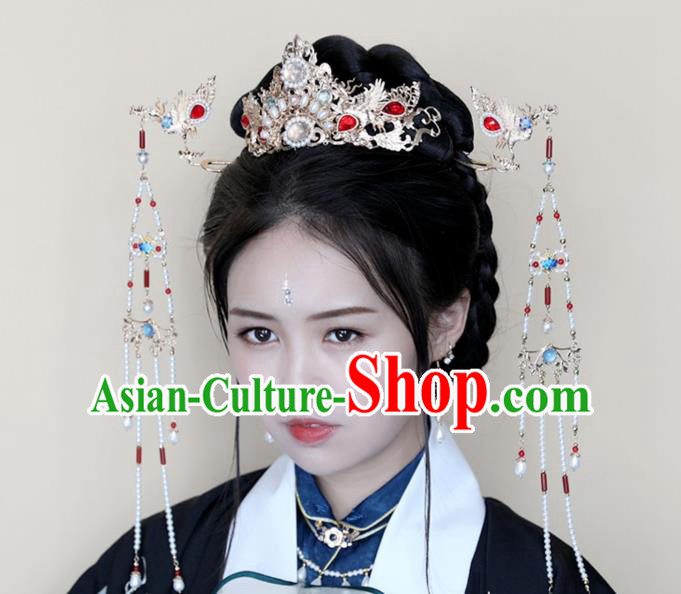 Chinese Ancient Hanfu Pearls Hair Crown Women Headwear Golden Phoenix Hairpin Hair Accessories