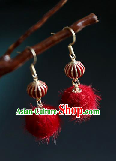 Chinese Ancient Hanfu Lantern Earrings Women Jewelry Ming Dynasty Red Venonat Ear Accessories