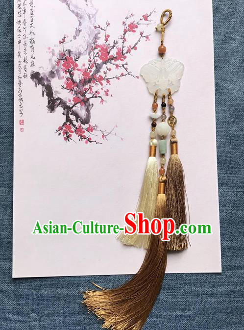 Chinese Ancient Carving Jade Butterfly Tassel Pendant Women Accessories Qing Dynasty Court Brooch Jewelry
