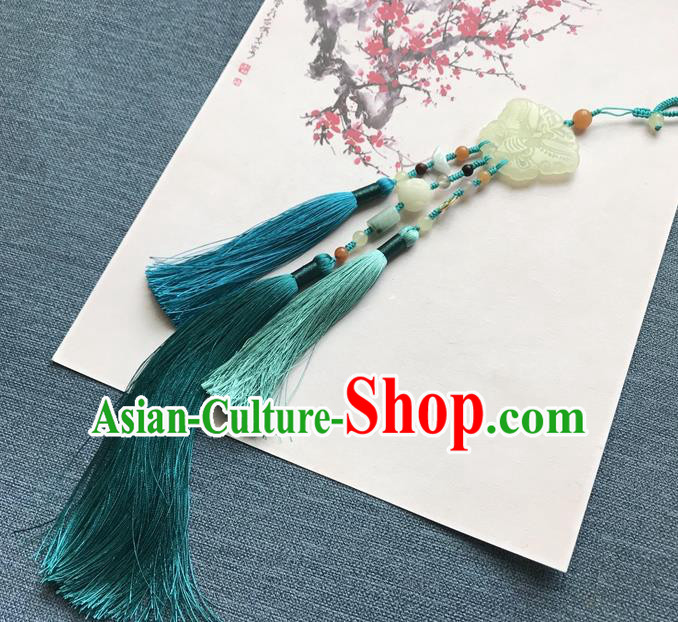 Chinese Ancient Carving Jade Butterfly Blue Tassel Pendant Women Accessories Qing Dynasty Court Brooch Jewelry
