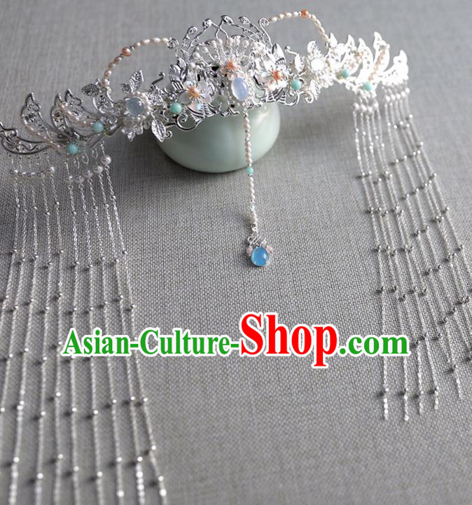 Chinese Ancient Pearls Phoenix Coronet Wedding Jewelry Headwear Hair Accessories Hanfu Tassel Hairpins for Women