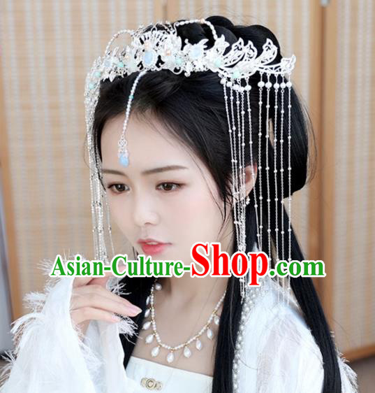 Chinese Ancient Pearls Phoenix Coronet Wedding Jewelry Headwear Hair Accessories Hanfu Tassel Hairpins for Women