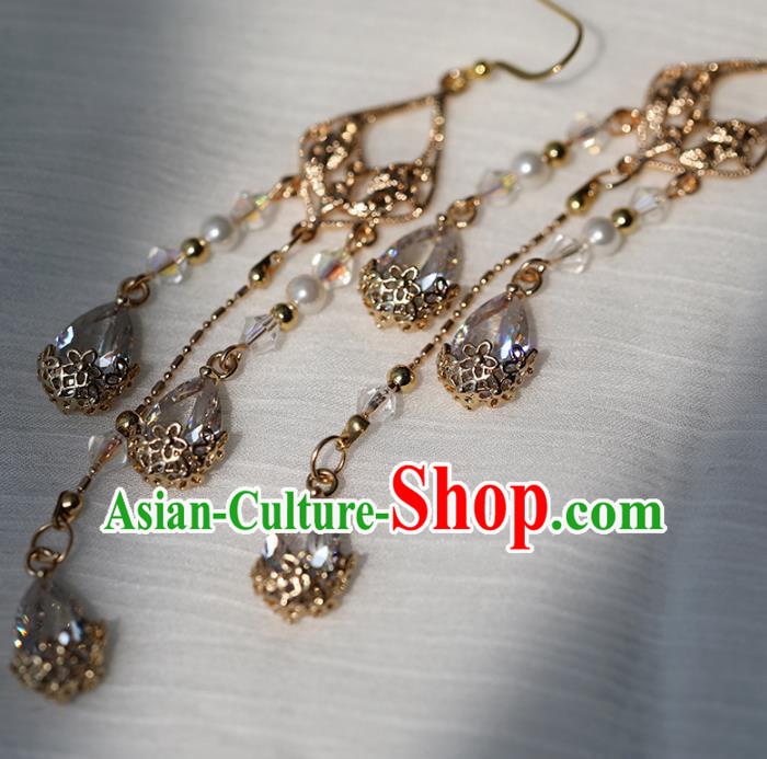 Chinese Ancient Hanfu Zircon Earrings Women Jewelry Golden Tassel Ear Accessories