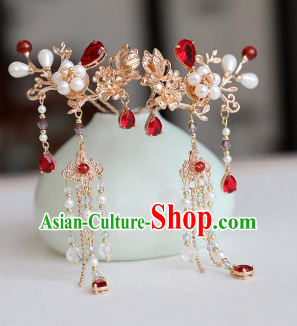 Chinese Ancient Red Crystal Butterfly Hair Clips Headwear Women Hair Accessories Ming Dynasty Pearls Golden Tassel Hairpin