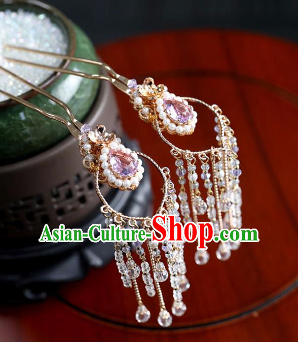Chinese Ancient Purple Crystal Hair Clips Headwear Women Hair Accessories Ming Dynasty Beads Tassel Hairpin