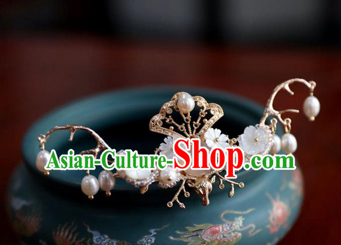 Chinese Ancient Pearls Tassel Hair Clip Headwear Women Hair Accessories Ming Dynasty Red Chalcedony Hairpin