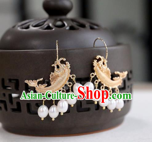 Chinese Ancient Hanfu Golden Carp Earrings Women Jewelry Ming Dynasty Ear Accessories
