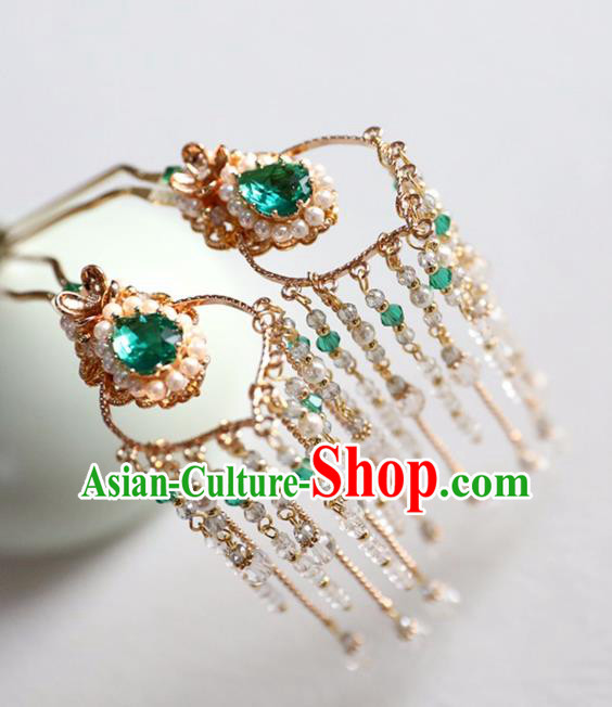 Chinese Ancient Princess Green Hair Clips Ming Dynasty Headwear Women Hair Accessories Tassel Hairpins