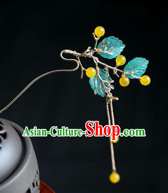 Chinese Ancient Princess Yellow Beads Leaf Hair Clips Ming Dynasty Headwear Women Hair Accessories Tassel Hairpins