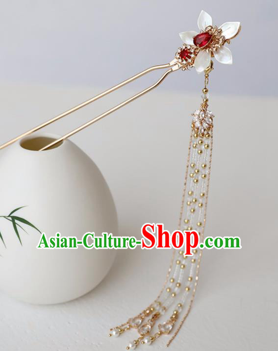 Chinese Ancient Hanfu Red Crystal Shell Hairpin Headwear Women Hair Accessories Golden Beads Tassel Hair Clip