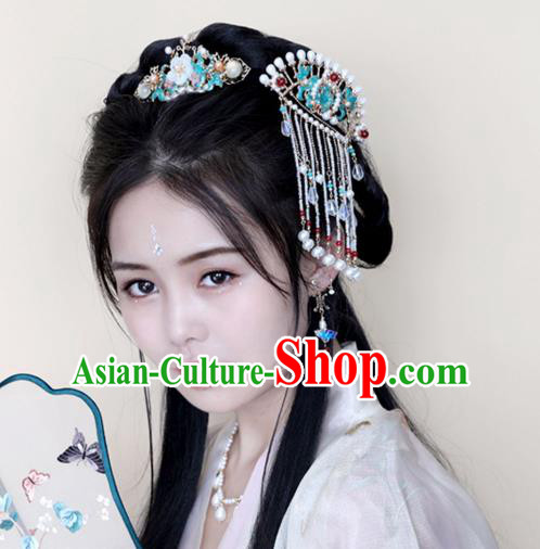 Chinese Ancient Pearls Tassel Green Hairpin Headwear Women Hair Accessories Ming Dynasty Court Cloisonne Hair Clip