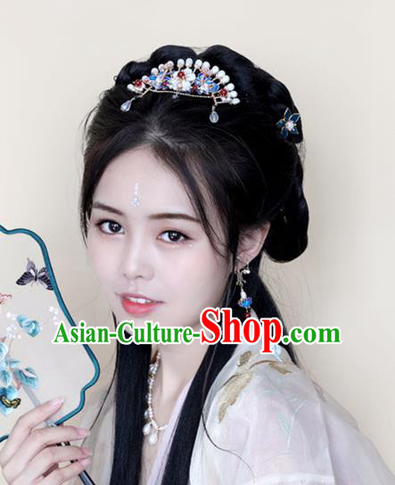 Chinese Ancient Pearls Hair Crown Headwear Women Hair Accessories Ming Dynasty Court Cloisonne Hairpin