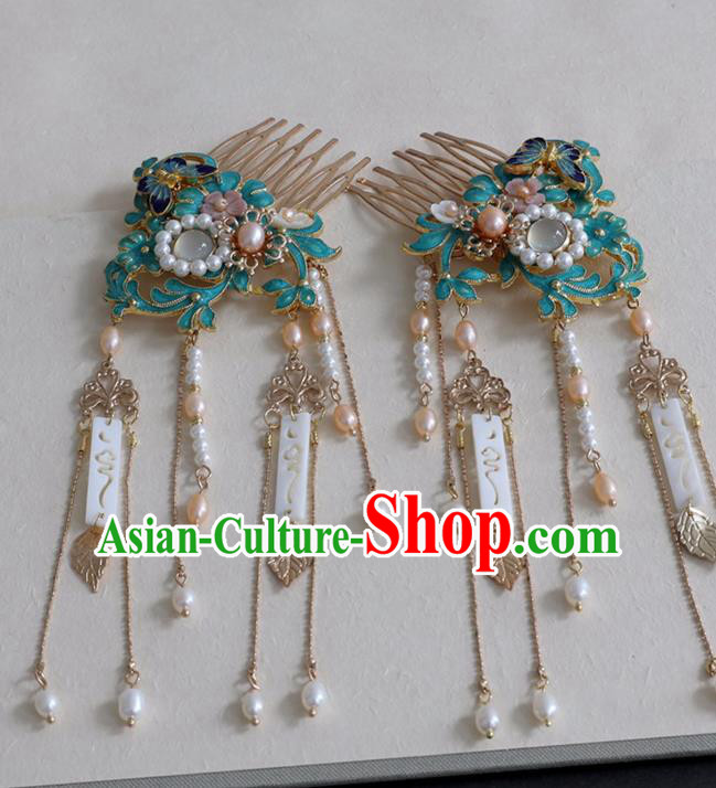 Chinese Ancient Ming Dynasty Cloisonne Hairpin Headwear Women Hair Accessories Pearls Tassel Hair Comb