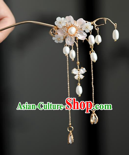 Chinese Ancient Pink Flower Hanfu Hair Clip Headwear Women Hair Accessories Ming Dynasty Pearls Tassel Hairpin