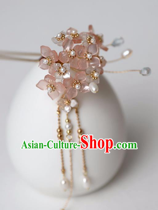 Chinese Ancient Ming Dynasty Pink Flowers Hairpin Headwear Women Hair Accessories Tassel Hair Clip
