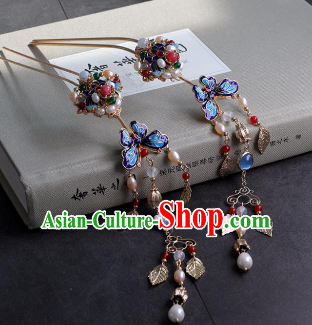 Chinese Ancient Cloisonne Butterfly Hairpin Headwear Women Hair Accessories Ming Dynasty Court Pearls Tassel Hair Clip