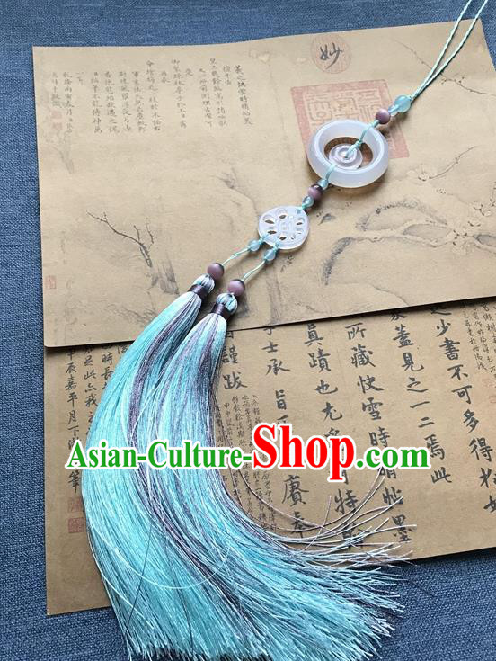 Chinese Ancient Hanfu Carving Lotus Root Jade Blue Tassel Pendant Jade Lappet Jewelry Brooch Accessories