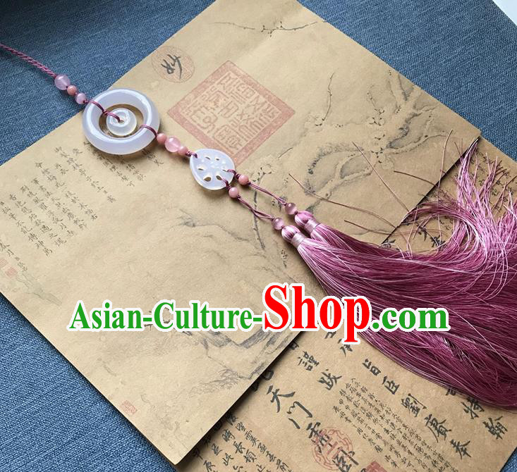 Chinese Ancient Hanfu Carving Lotus Root Jade Pink Tassel Pendant Jade Lappet Jewelry Brooch Accessories