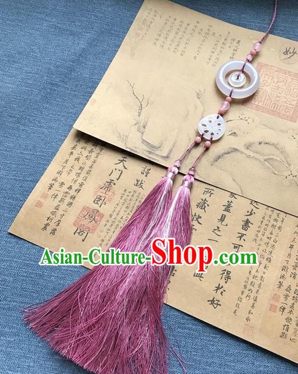 Chinese Ancient Hanfu Carving Lotus Root Jade Pink Tassel Pendant Jade Lappet Jewelry Brooch Accessories