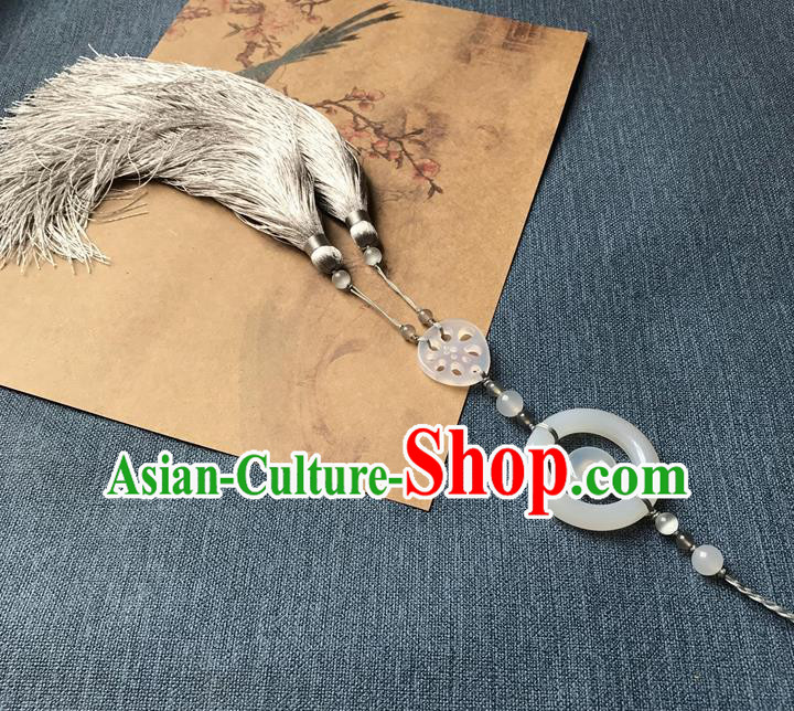 Chinese Ancient Hanfu Carving Lotus Root Jade Grey Tassel Pendant Jade Lappet Jewelry Brooch Accessories