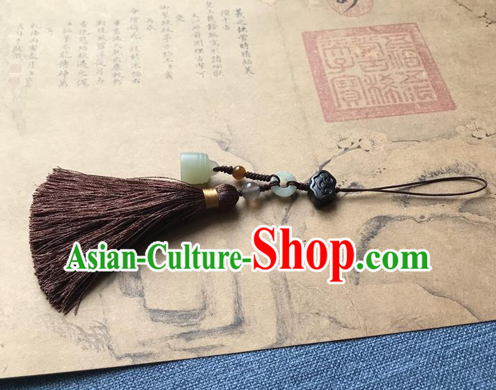 Chinese Ancient Hanfu Brown Tassel Pendant Jade Cloud Lappet Jewelry Brooch Accessories