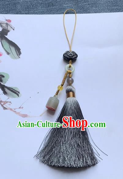 Chinese Ancient Hanfu Grey Tassel Pendant Jade Seal Cloud Lappet Jewelry Brooch Accessories
