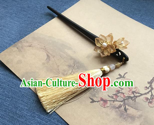 Chinese Ancient Women Yellow Flowers Hair Clip Handmade Headwear Hanfu Hair Accessories Ebony Hairpin