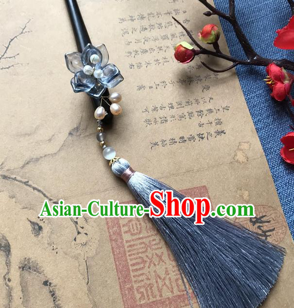 Chinese Ancient Women Blue Flowers Hair Clip Handmade Headwear Hanfu Hair Accessories Ebony Hairpin