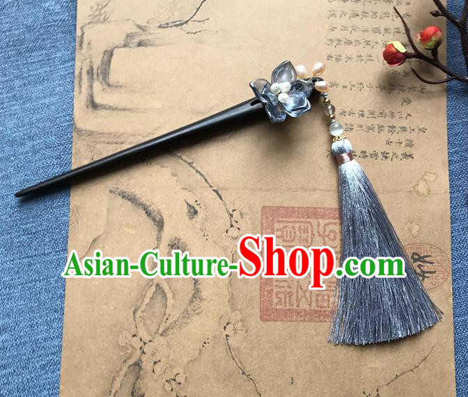 Chinese Ancient Women Blue Flowers Hair Clip Handmade Headwear Hanfu Hair Accessories Ebony Hairpin