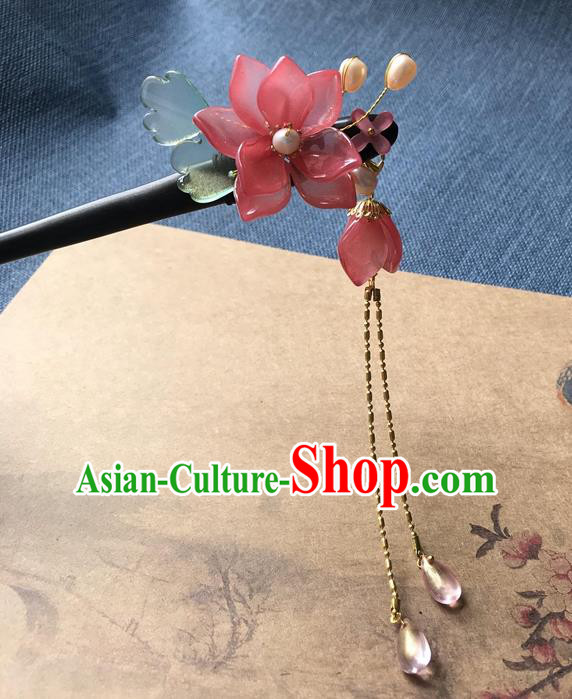 Chinese Ancient Women Red Lotus Hair Clip Handmade Headwear Hanfu Hair Accessories Ebony Tassel Hairpin