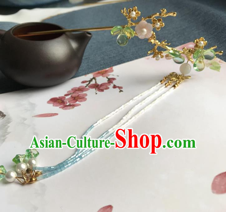 Chinese Ancient Women Green Tassel Hair Clip Handmade Golden Hairpin Headwear Hanfu Hair Accessories