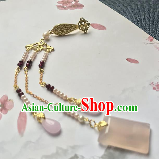 Chinese Ancient Hanfu Pearls Tassel Pendant Golden Lucky Lappet Brooch Jewelry Jade Accessories