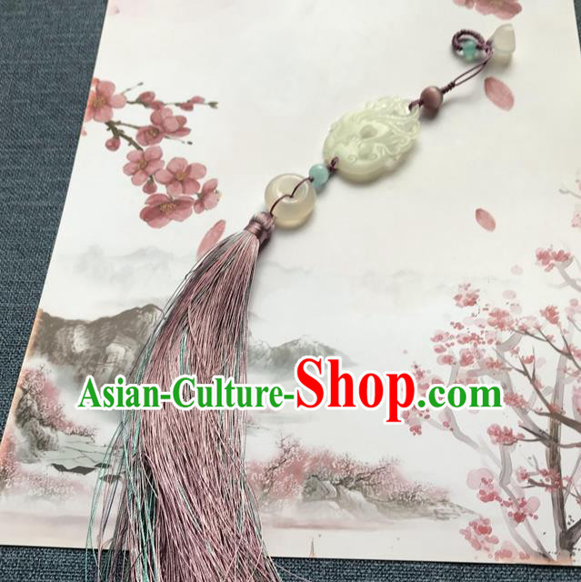 Chinese Ancient Hanfu Carving Phoenix Jade Pendant Lappet Brooch Jewelry Jade Purple Tassel Accessories