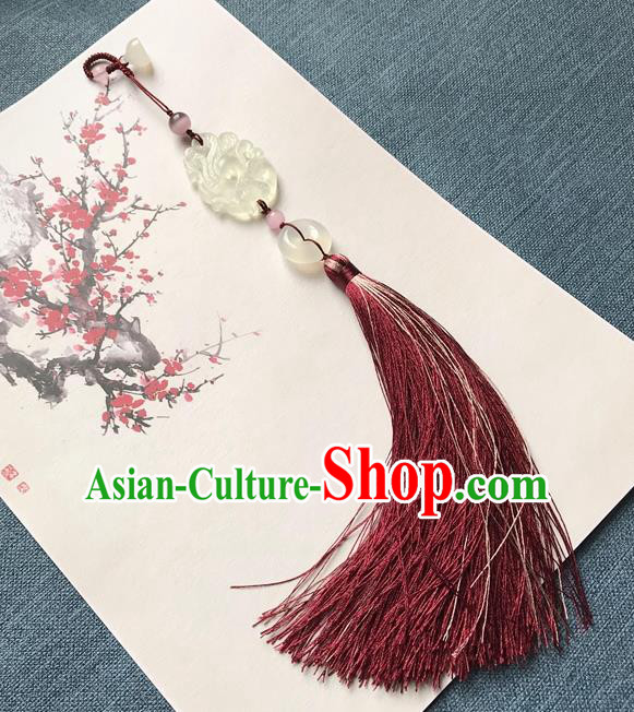 Chinese Ancient Hanfu Carving Phoenix Jade Pendant Lappet Brooch Jewelry Jade Wine Red Tassel Accessories