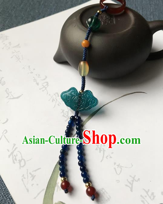 Chinese Ancient Hanfu Blue Beads Tassel Pendant Lappet Brooch Jewelry Green Coloured Glaze Accessories