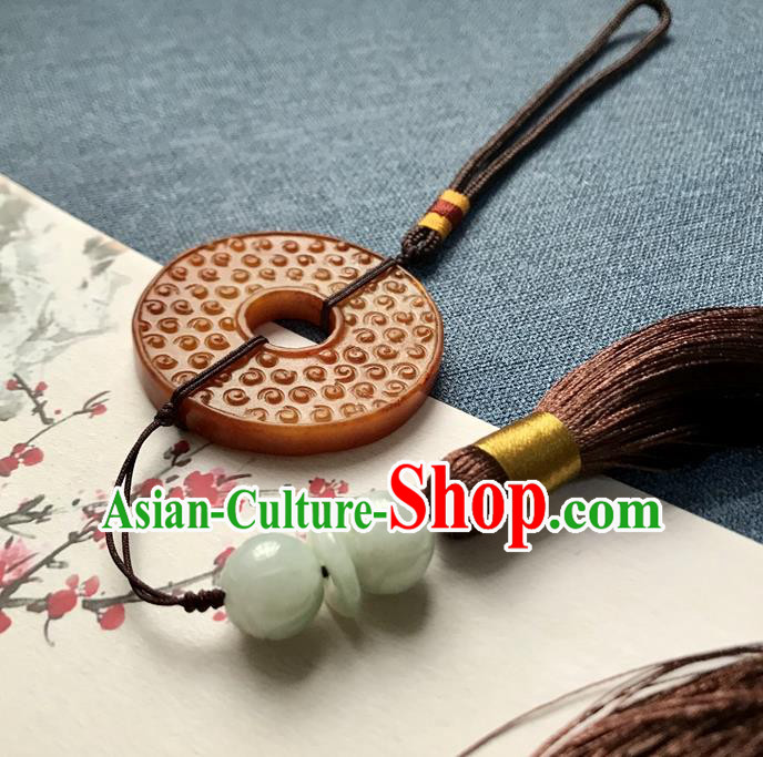 Chinese Ancient Hanfu Brown Tassel Pendant Yellow Jade Brooch Jewelry Accessories Lappet
